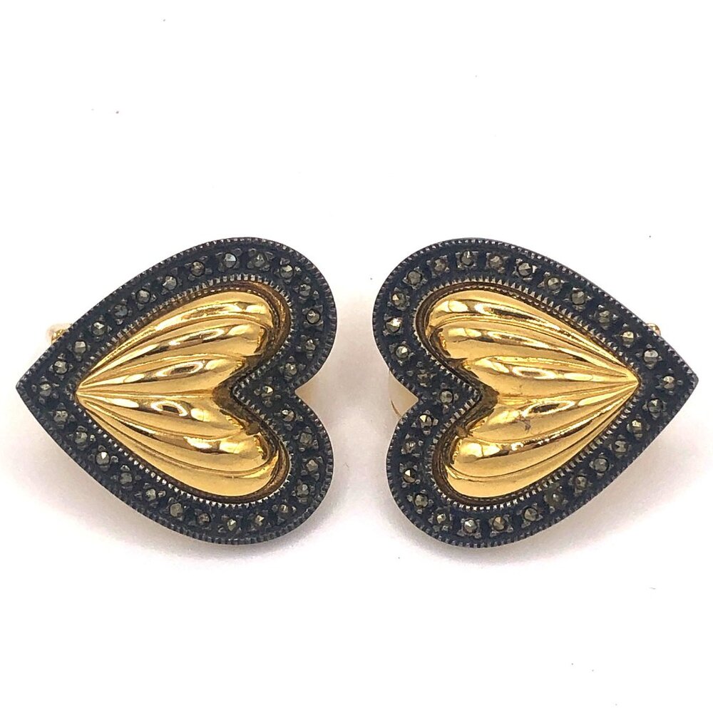Vintage Judith Jack Gold Tone Marcasite Halo Puffy Heart Clip-On 1" Earrings - Picture 8 of 15